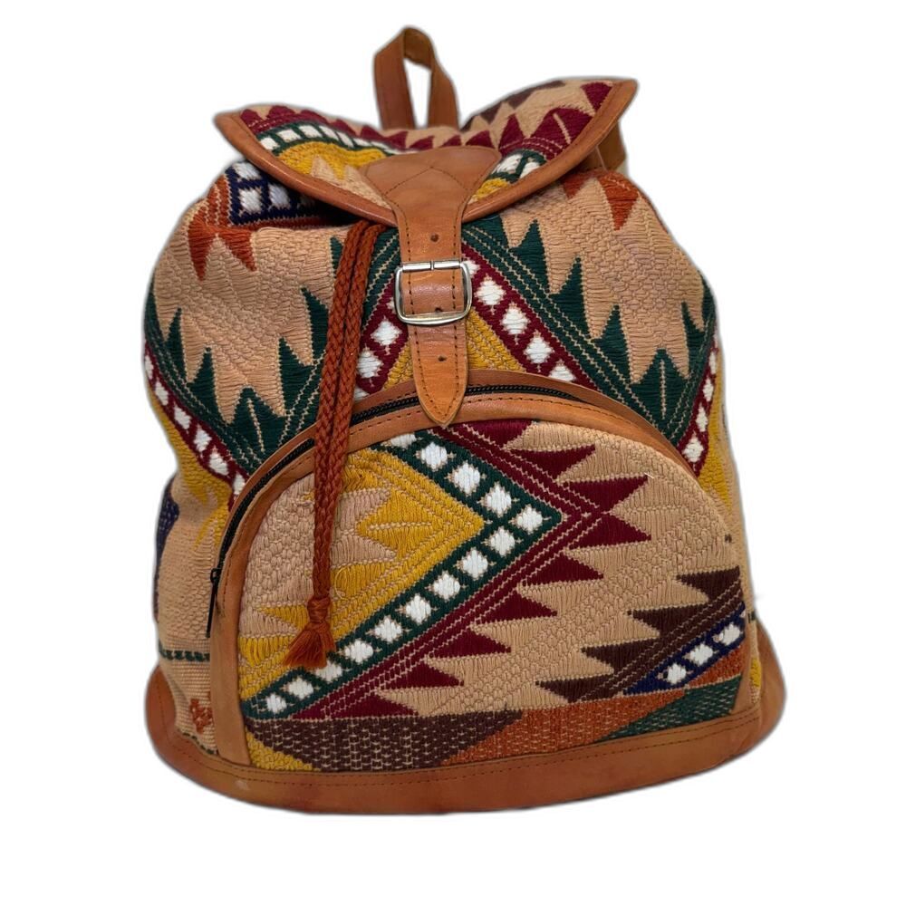 Vintage Guatemalan Huipil Leather Backpack Boho Western Aztec Woven Rucksack Bag